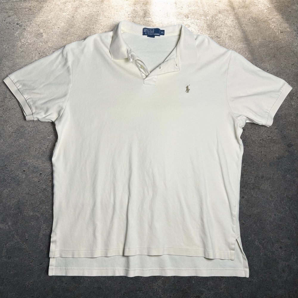 Polo Ralph Lauren Mens XL Cream Short Sleeve Polo‎ Shirt Vintage Retro Preppy